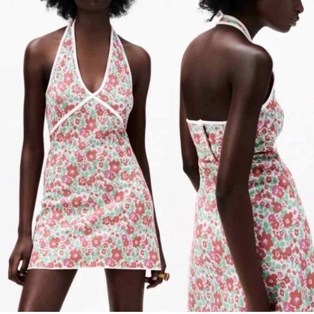 ZARA Retro Floral Knit Halter Mini Dress Large red green preloved like new - Picture 4 of 11